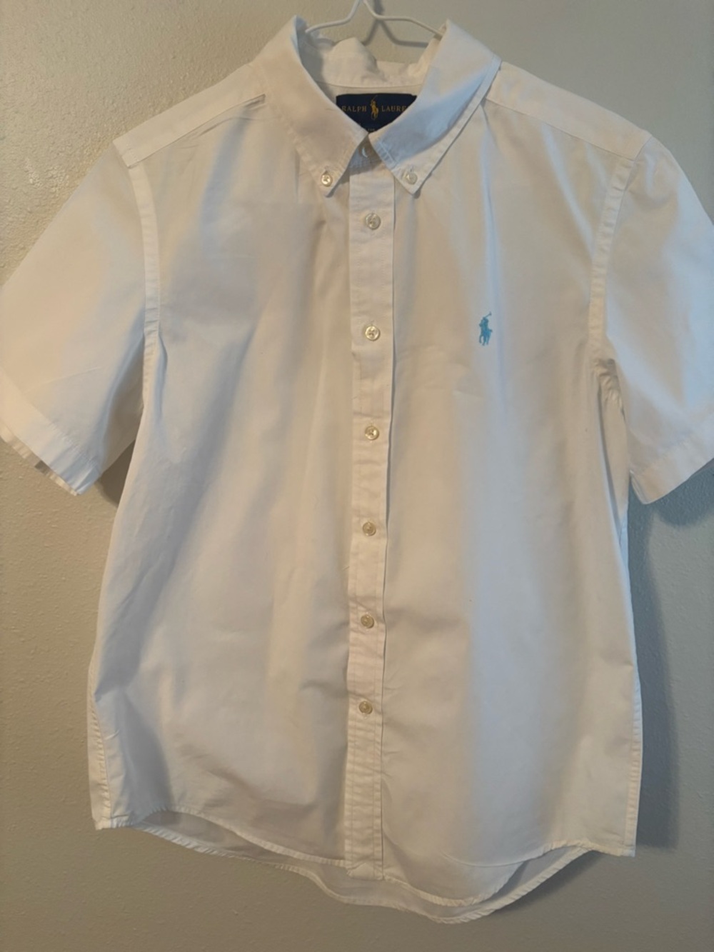 Ralph Lauren White Short-Sleeve Button-Down Shirt boys size large blue pony